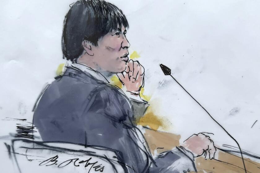 In this courtroom sketch, Ippei Mizuhara, the former longtime interpreter for the Los Angeles Dodgers star Shohei Ohtani appears in federal court in Los Angeles, Friday, April 12, 2024, on a single count of bank fraud. Prosecutors allege that Mizuhara stole more than $16 million from Ohtani to cover gambling bets and debts. (Bill Robles via AP)