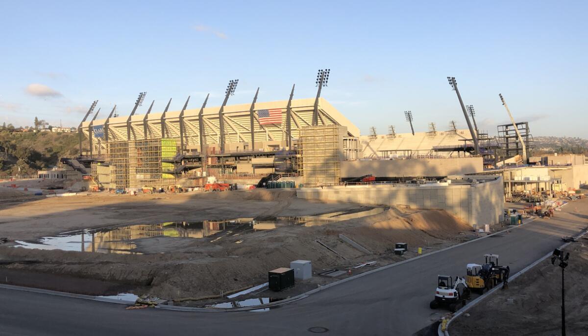 Snapdragon Stadium will feature grass areas adjacent to west entrance for premium parking during events.