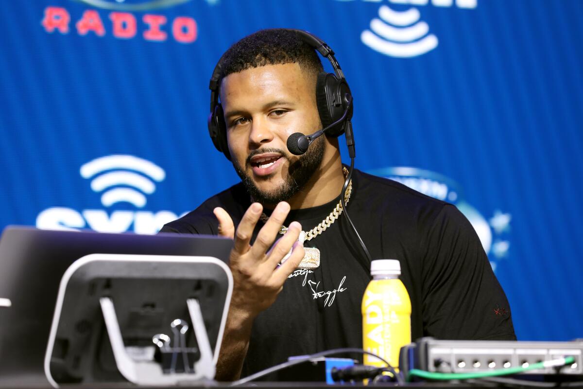Rams defensive tackle Aaron Donald speaks during a Super Bowl LIV event Thursday in Miami.