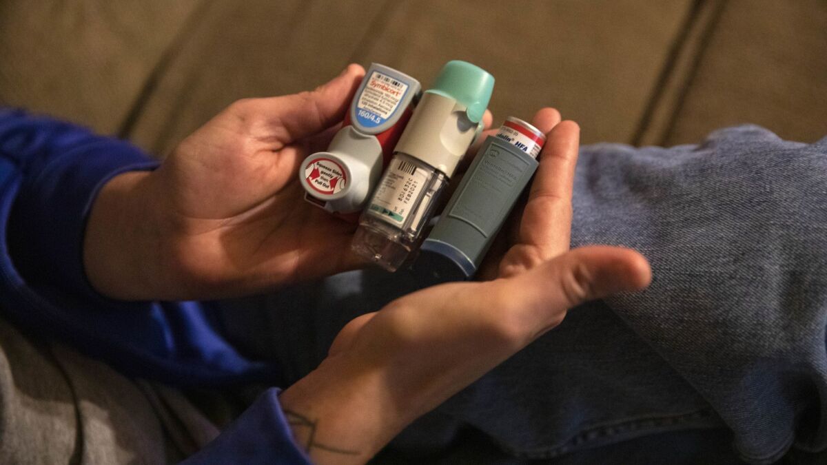 Some of the inhalers Danny Fouts uses to help him breathe.