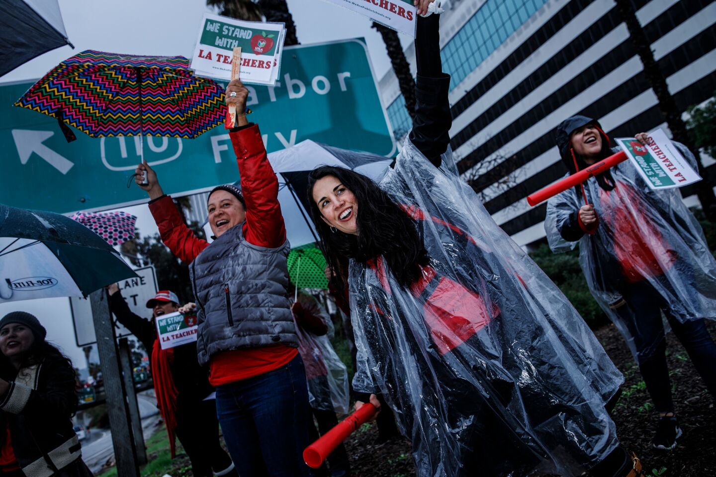 UTLA teachers arrive at Los Angeles to LAUSD headquarters near the 110 Freeway Monday, as they walked off the job in their first strike in 30 years.
