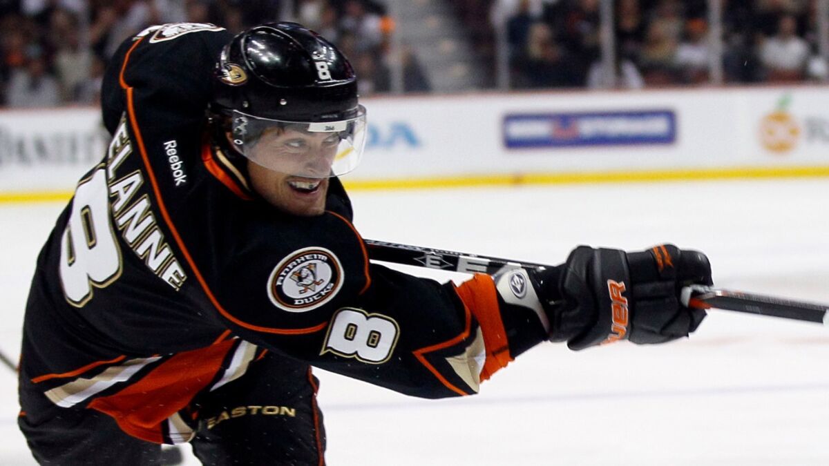 Ducks right wing Teemu Selanne takes a shot against Dallas on Oct. 21, 2011.
