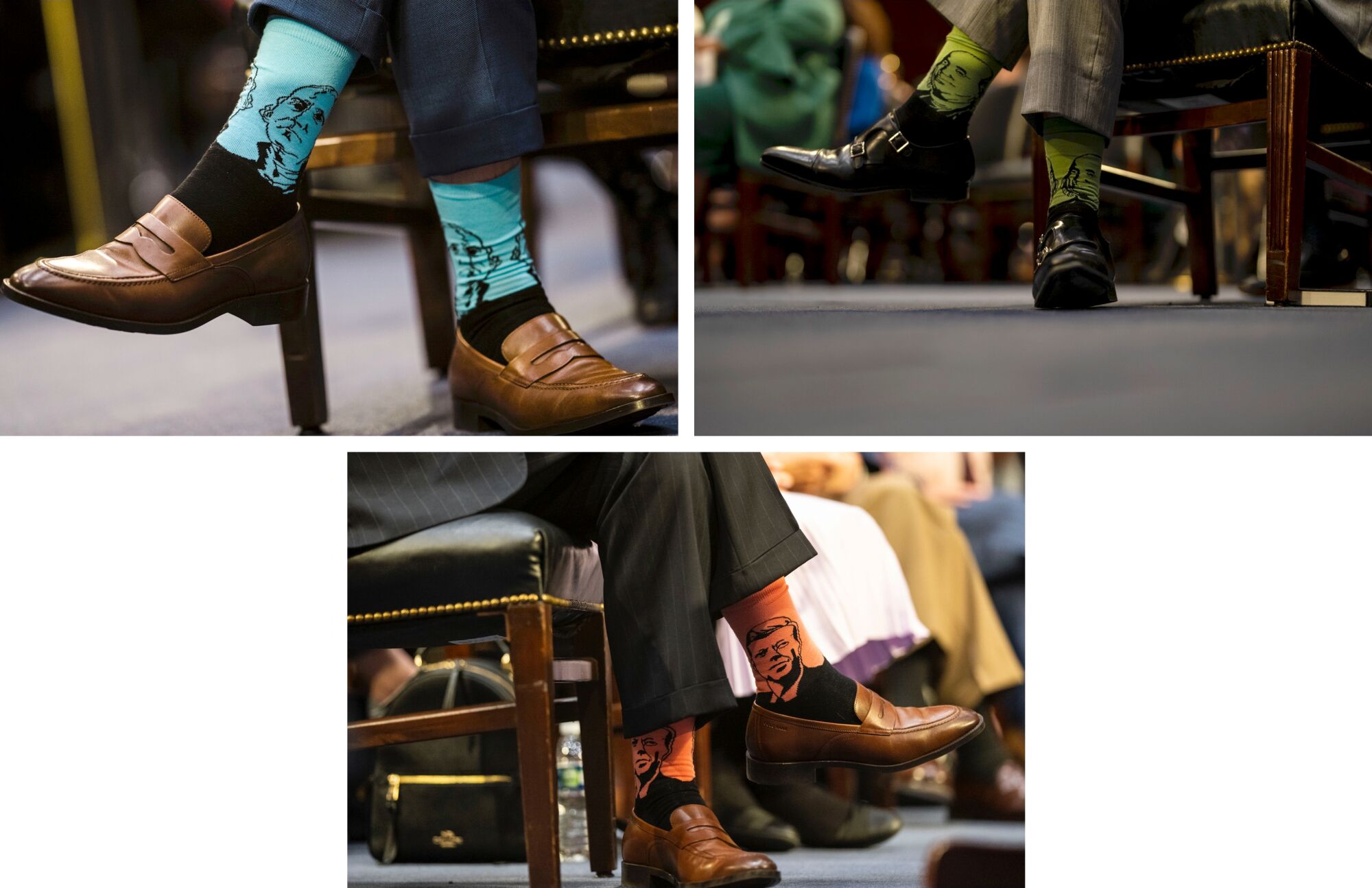 Patrick Jackson wears socks displaying the faces of prominent political figures from American history.