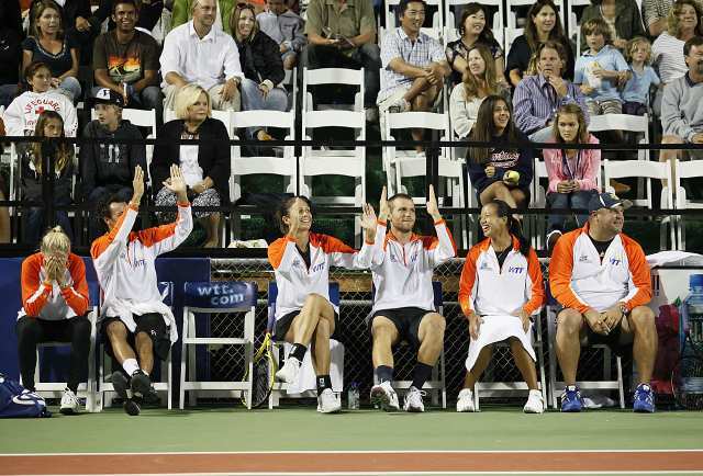 Some of the Newport Beach Breakers provide their opinion of a call during Pete Sampras' match against Jesse Witten at The Tennis Club Newport Beach Saturday.