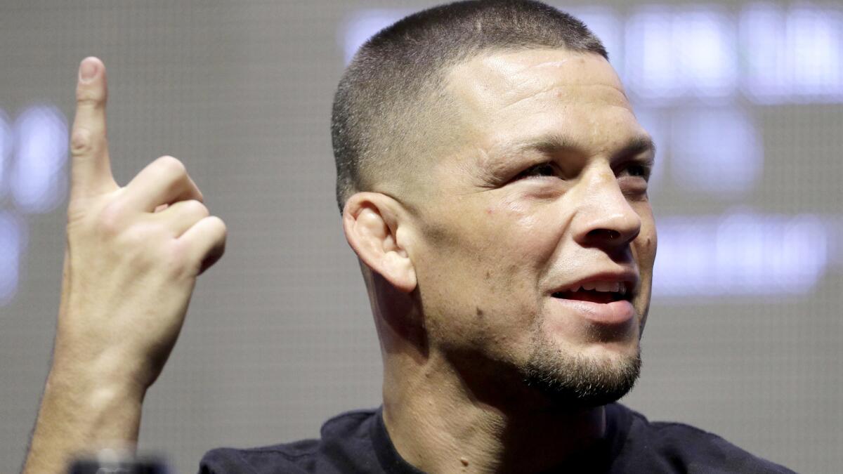 Nate Diaz holds court during a news conference before UFC 202 and his rematch with Conor McGregor.