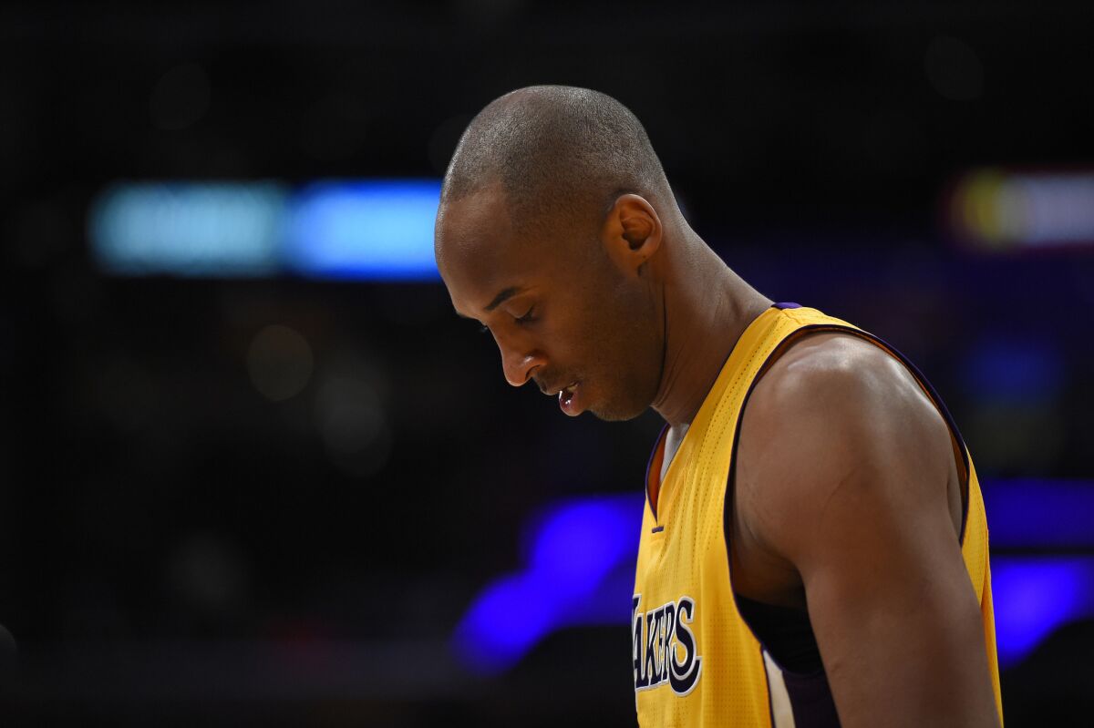 Kobe Bryant stands on the court during the second half of a game against the Oklahoma City Thunder on Jan. 8.