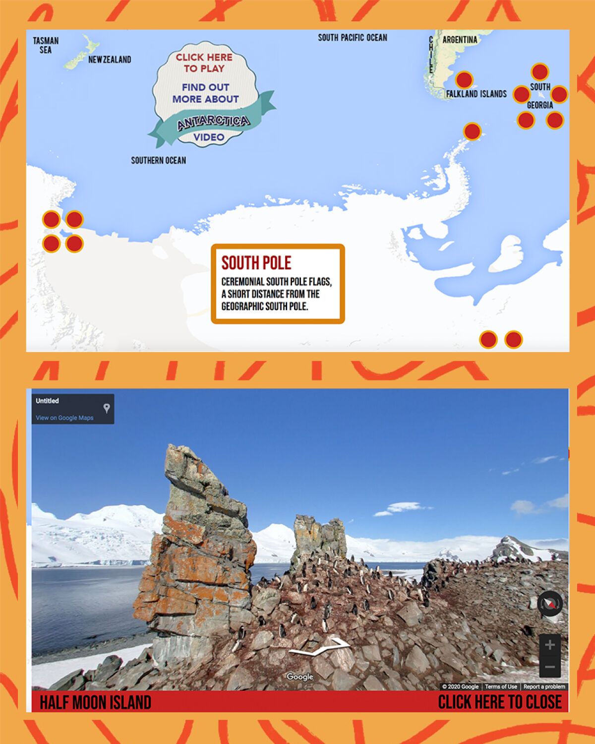 Screengrabs from Shackleton 100's site showing a map and a photo of Antarctica 