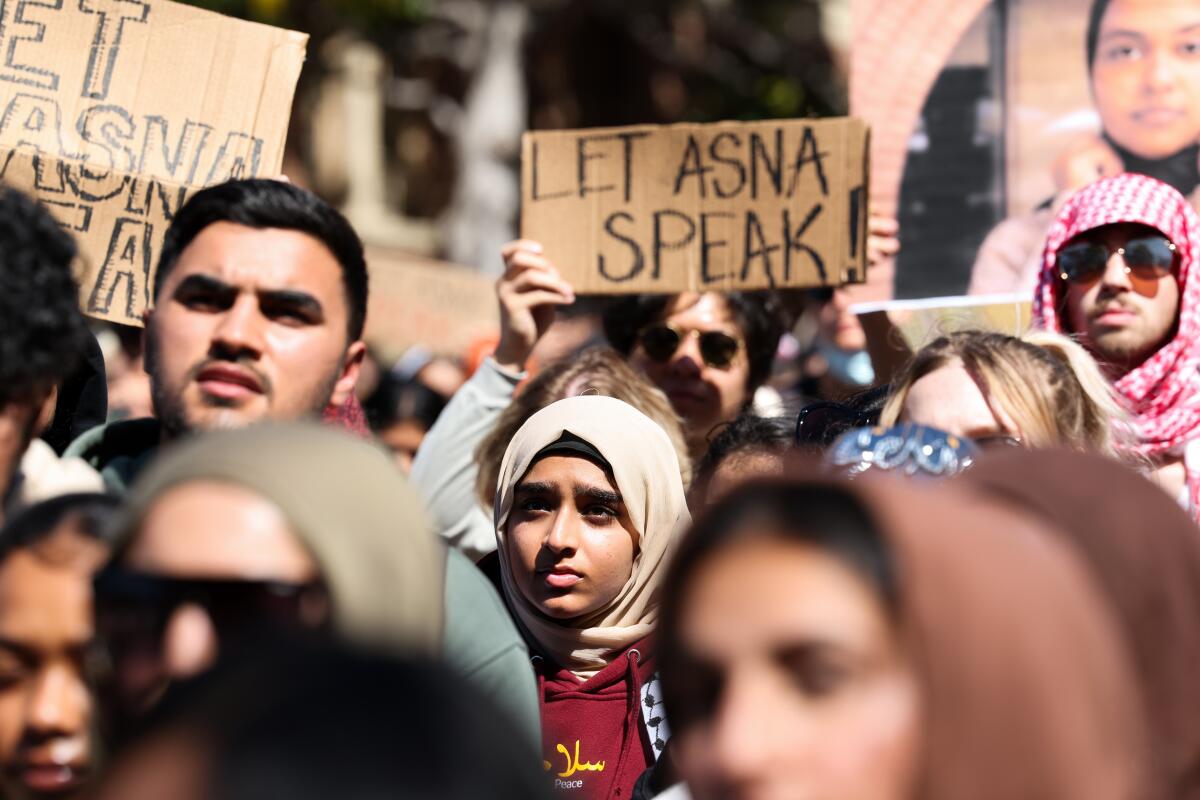 USC students march in support of Asna Tabassum, whose graduation speech was canceled by university officials recently.