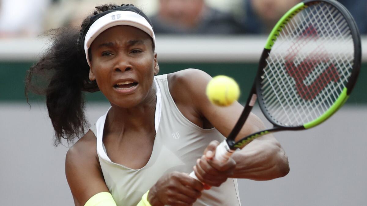 Venus Williams plays a shot against Elina Svitolina during their first-round match at the French Open on May 26.