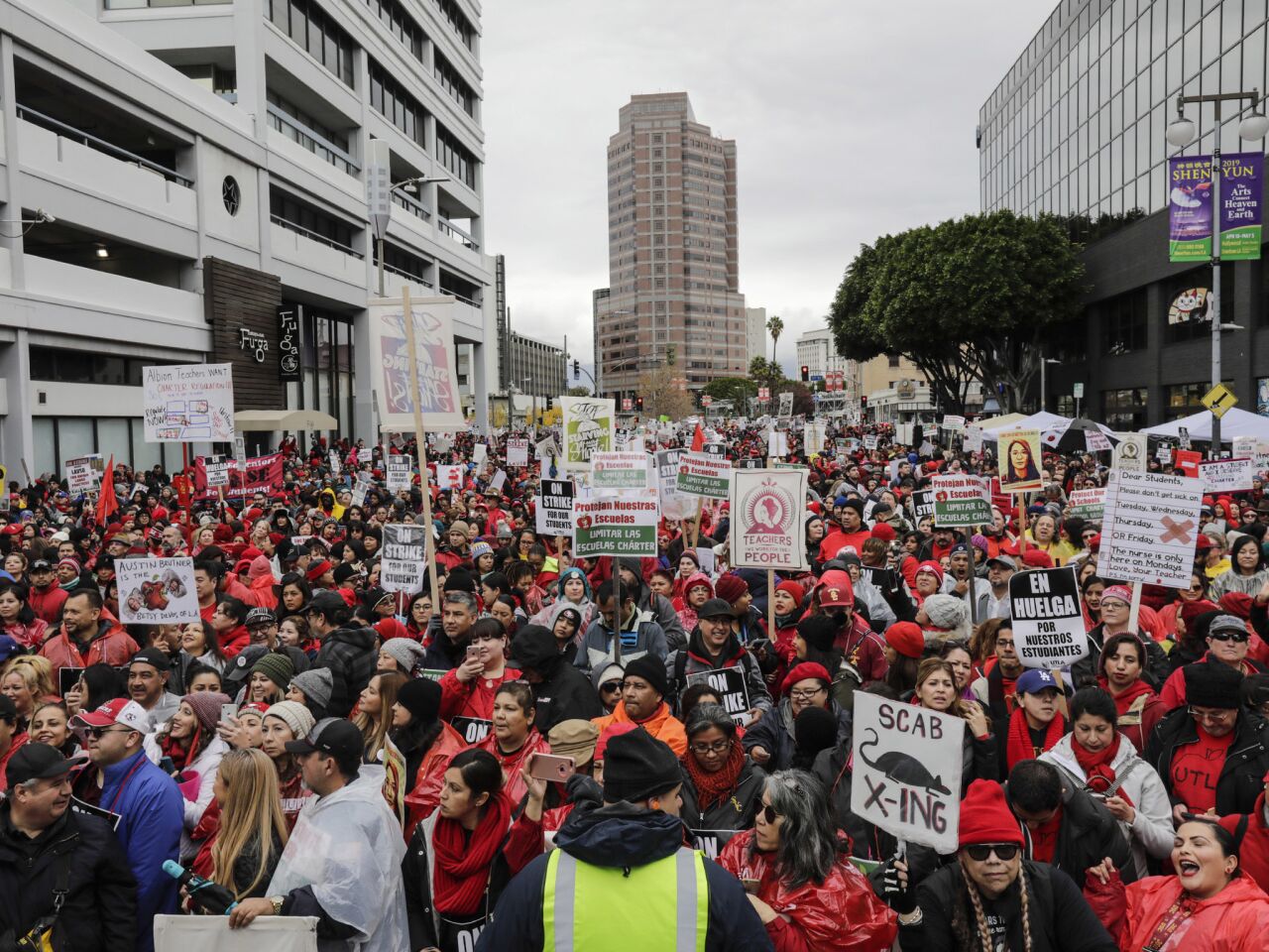 On the second day of teachers strike, the United Teachers Los Angeles rally outside California Charter Schools Assn. offices in Los Angeles.