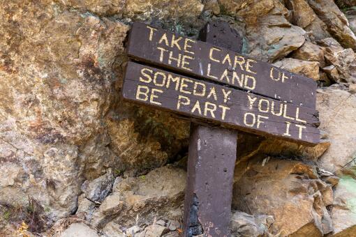 Arcadia, CA - June 17: Chris Kasten is a cabin owner in the Big Santa Anita Canyon area of the Angeles National Forest made this sign by hand as a teenager decades ago. Photographed Monday, June 17, 2024 in Arcadia, CA. (Brian van der Brug / Los Angeles Times)