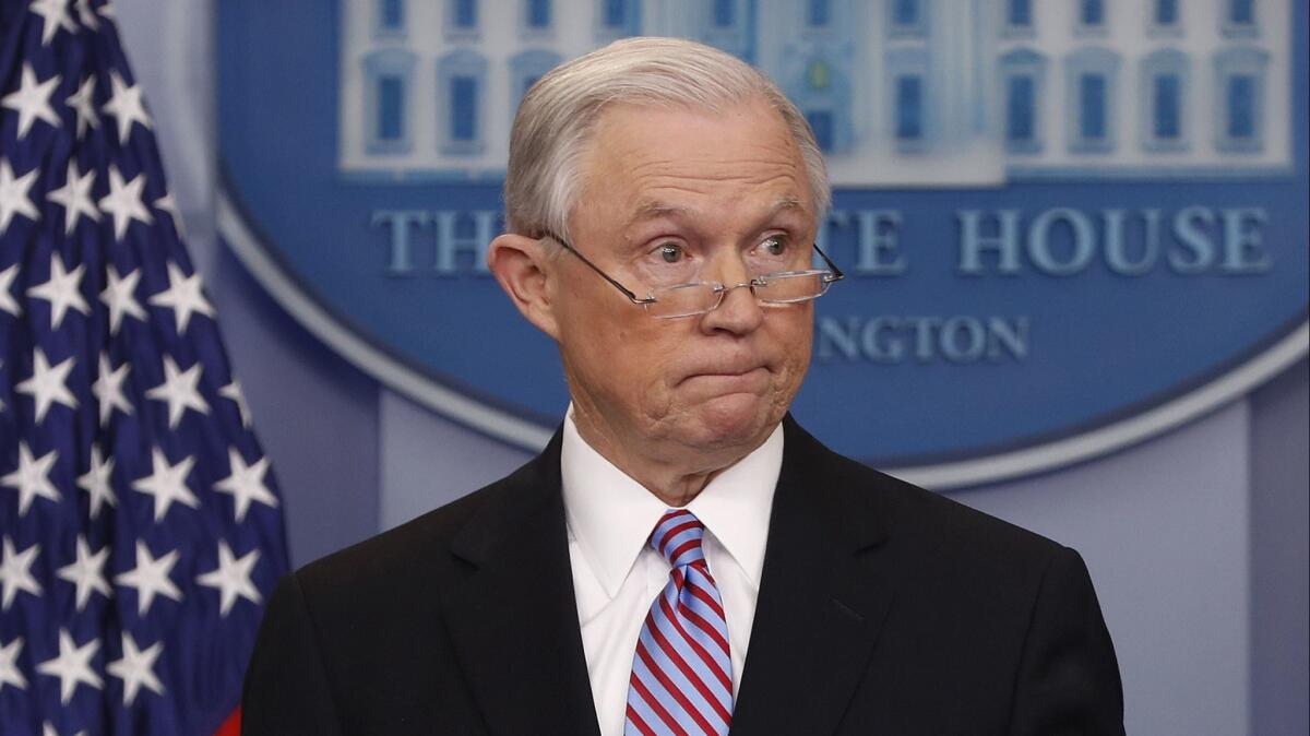 Then-Attorney General Jeff Sessions speaks to the media during the daily briefing in the White House on March 27, 2017.