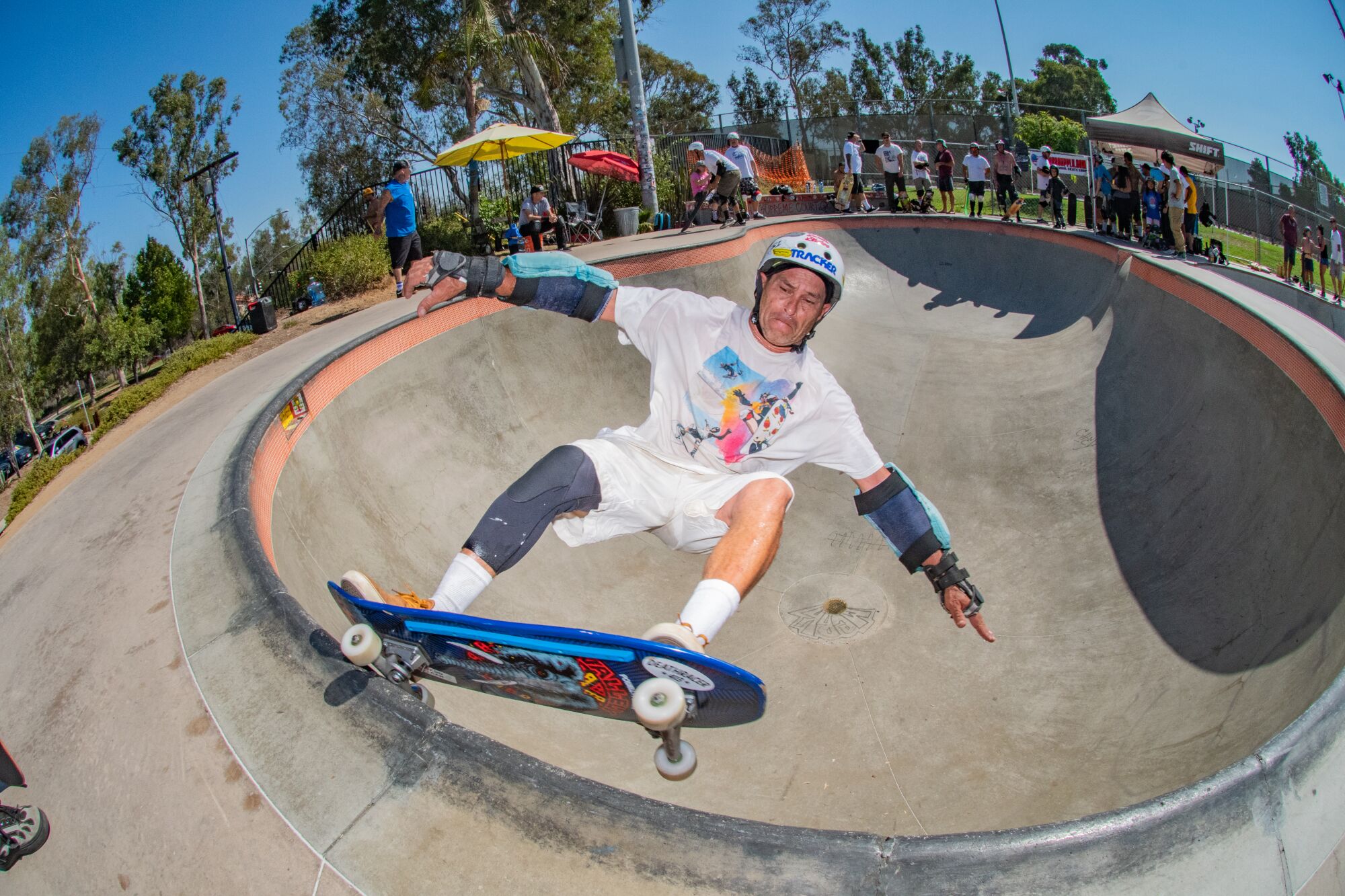 John Uhl skateboards in a pool at Linda Vista Skateboard Park.