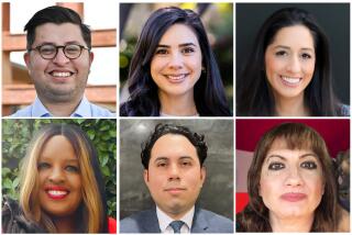 California Assembly District 43 candidate, clockwise fro top left, Walter Garcia, Celeste Rodriguez, Victoria Garcia, Carmenlina Minasova, Saul Hurtado and Felicia Novick.