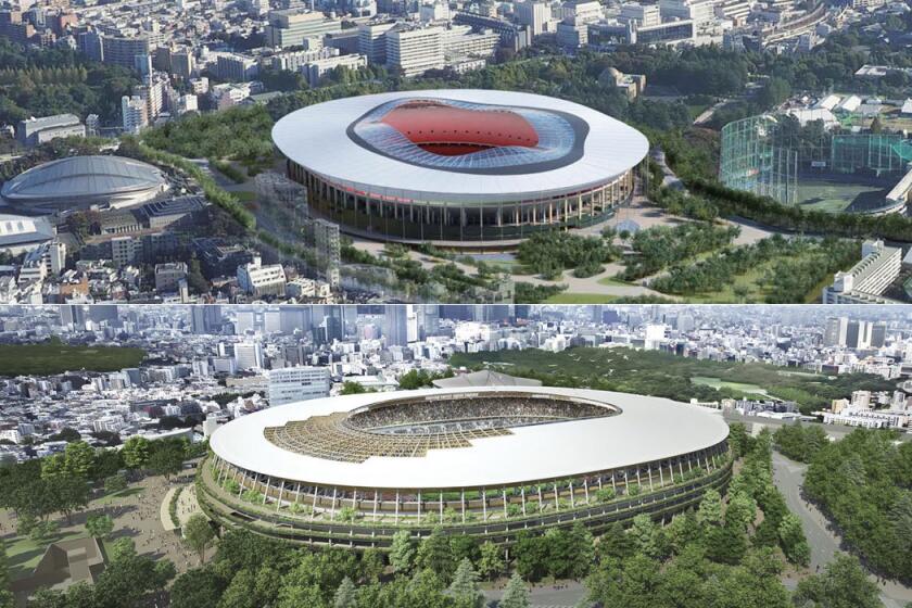 Artist renderings of two proposals for the Tokyo 2020 Olympic stadium.