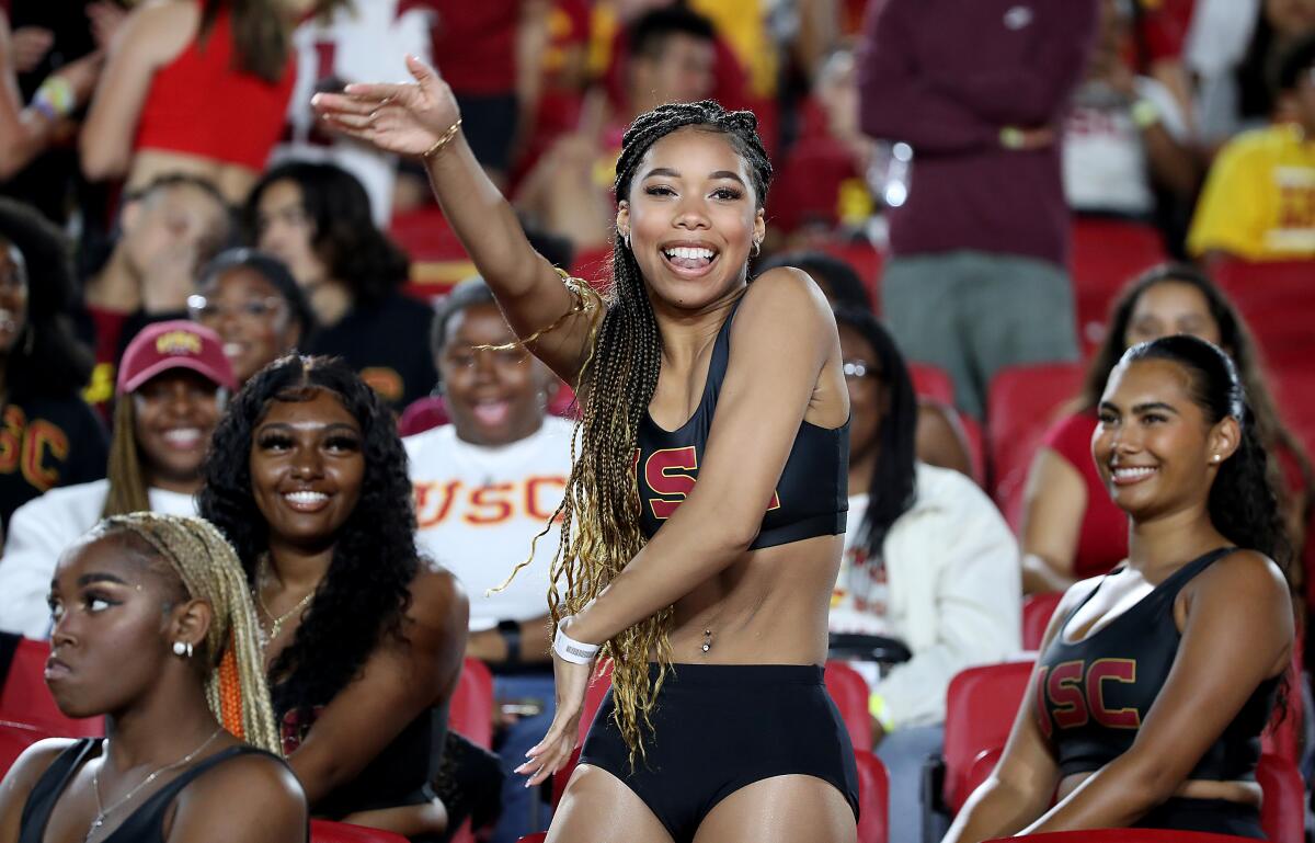 Kyla-Drew Simmons performs with the Cardinal Divas during the USC-Arizona State game at the Coliseum on Oct. 1.