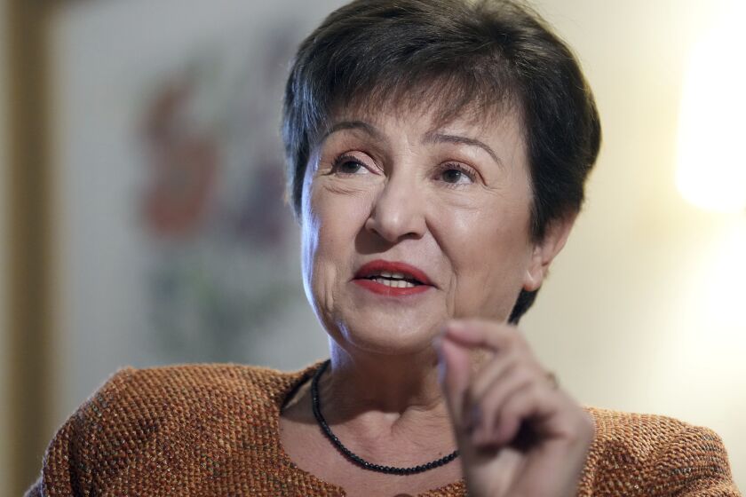 Kristalina Georgieva, Managing Director of the International Monetary Fund (IMF), speaks during an interview with The Associated Press in Berlin, Germany, Tuesday, Nov. 29, 2022. (AP Photo/Michael Sohn)