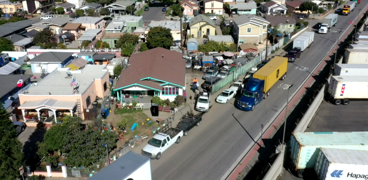 Trucks on a residential street.