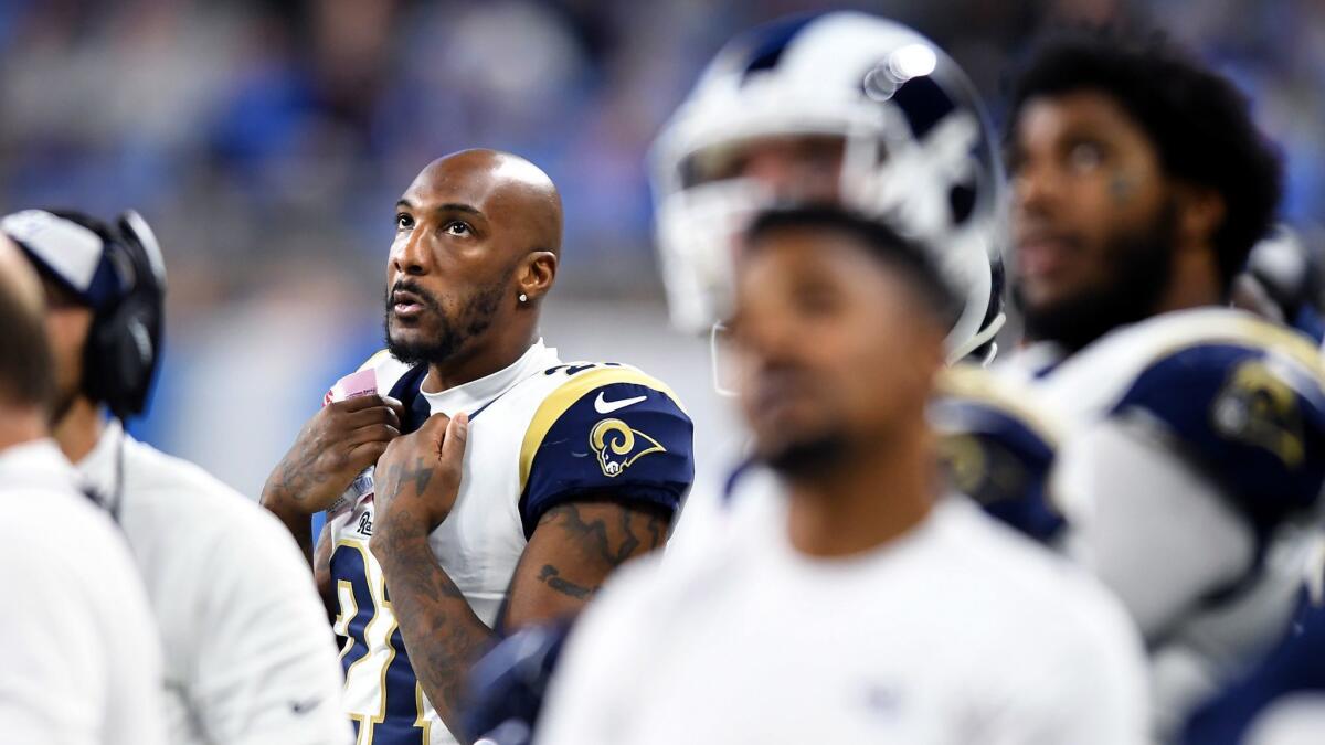 Rams cornerback Aqib Talib stands on the sideline during a game against the Lions at Ford Fied in Detroit on Dec. 2, 2018.