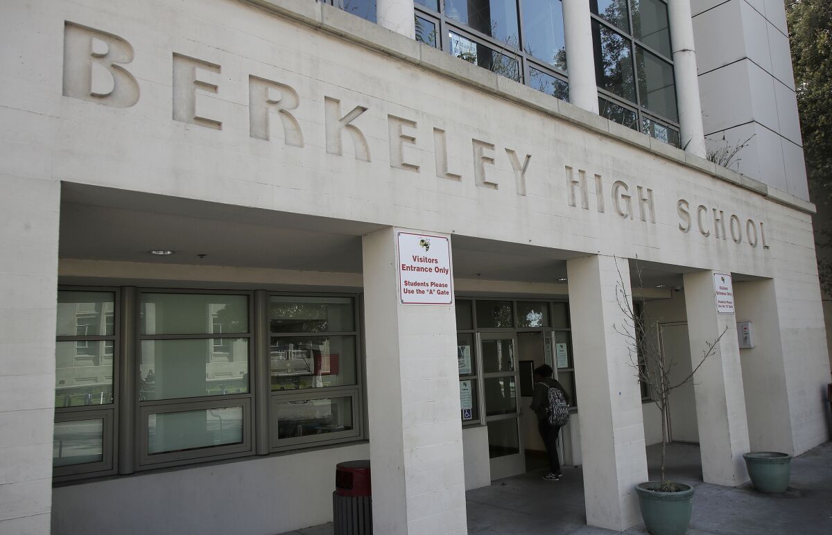 2019 file photo of a student walking into Berkeley High School in Berkeley.