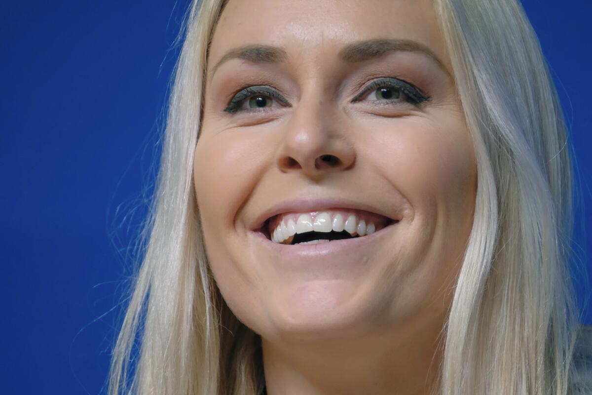 Lindsey Vonn smiles during a press conference.