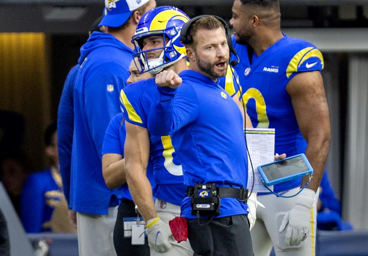 Rams head coach Sean McVay gives instructions in the second half against the Steelers.