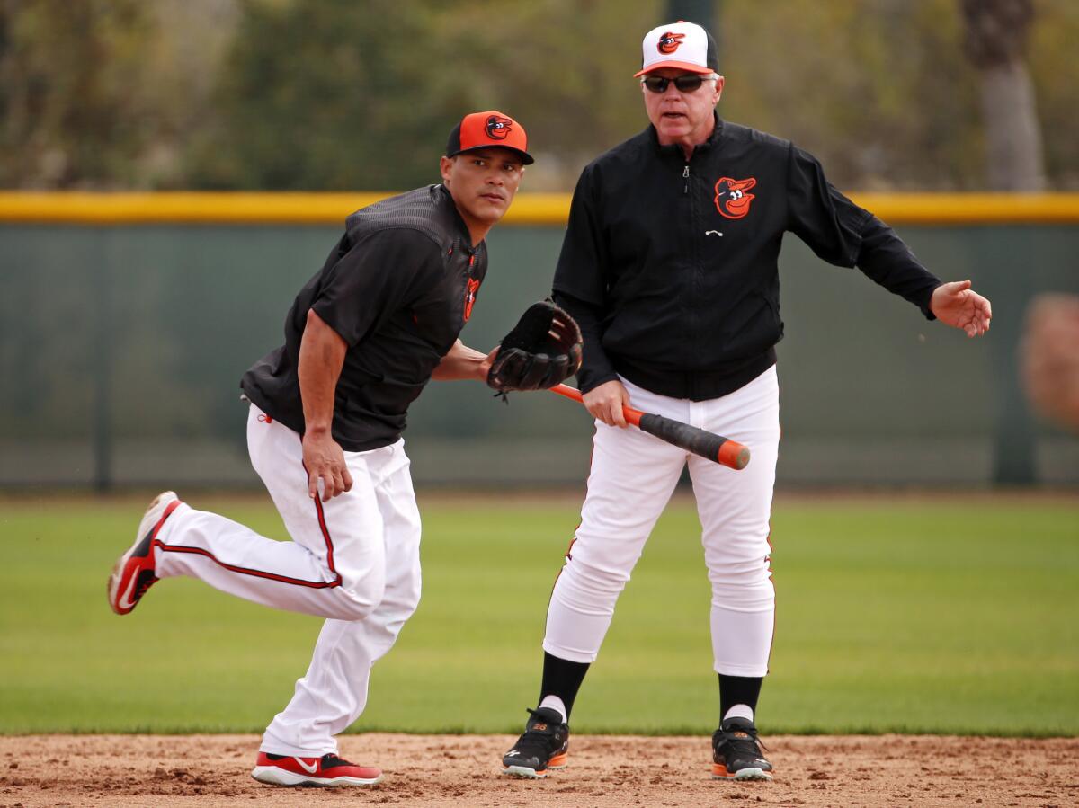 Newly acquired free agent Everth Cabrera takes instruction from Orioles Manager Buck Showalter during a spring training workout.