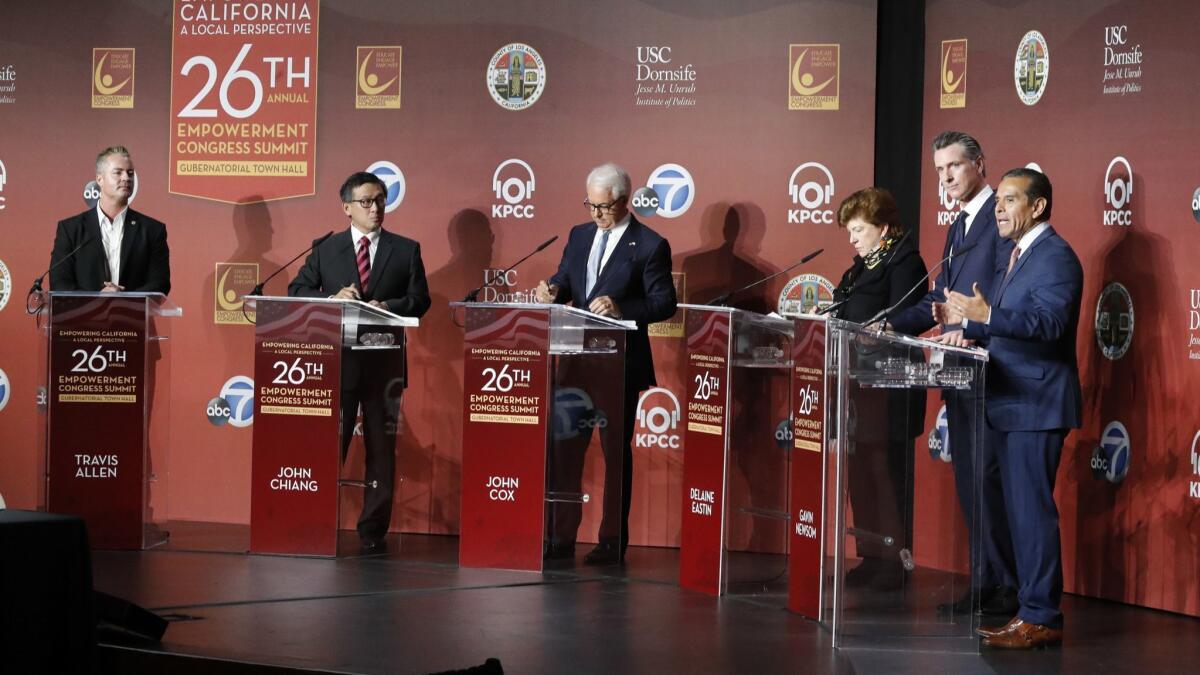 California gubernatorial candidates Assemblyman Travis Allen, State Treasurer John Chiang, businessman John Cox, former California Superintendent of Public Instruction Delaine Eastin, Lt. Gov. Gavin Newsom, former L.A. Mayor Antonio Villaraigosa debate at USC in January.