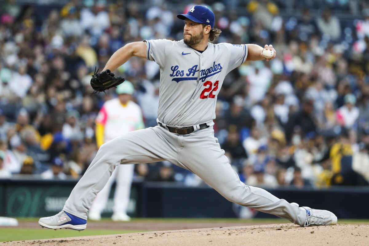 Dodgers starting pitcher Clayton Kershaw delivers against the San Diego Padres in the first inning Friday.