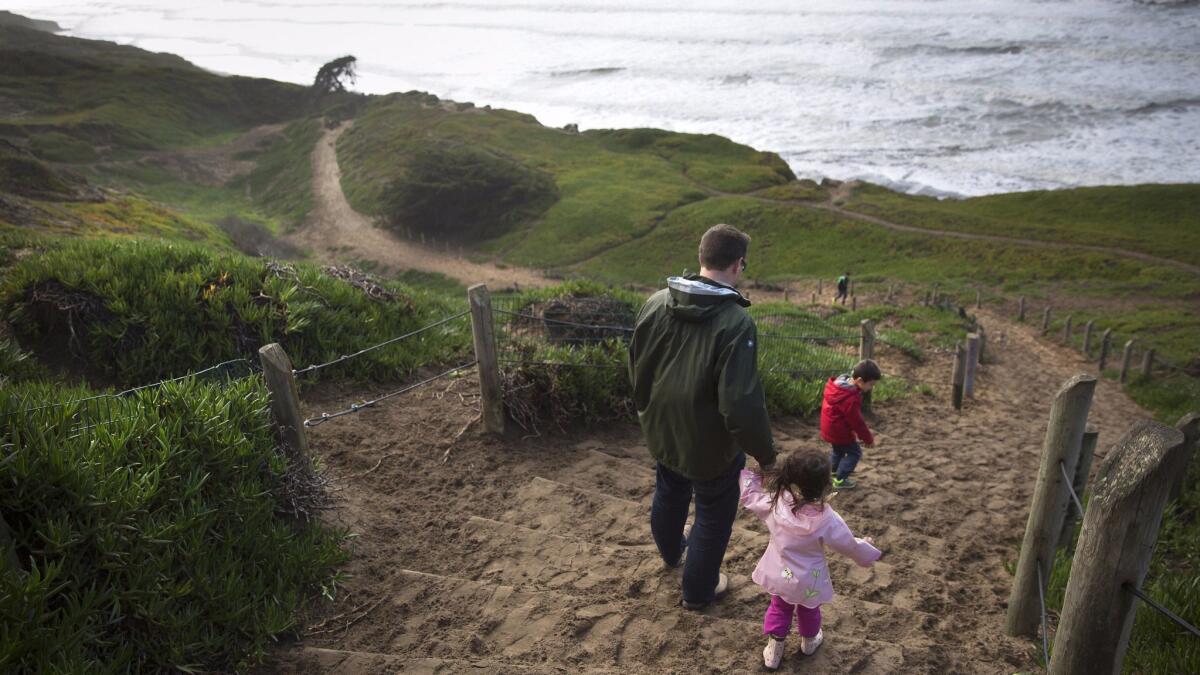 Visitors walk down the sand ladder to the beach at Fort Funston, part of the Golden Gate National Recreation Area in San Francisco. Volunteers may lend a hand at the park's nursery on National Public Lands Day on Saturday.