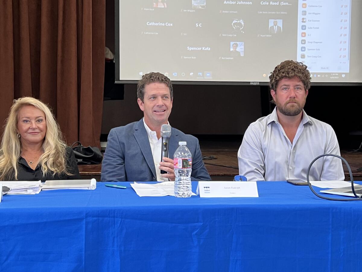 James Rudolph (center), who is stepping down as La Jolla Town Council president, speaks at the group's June 9 meeting.