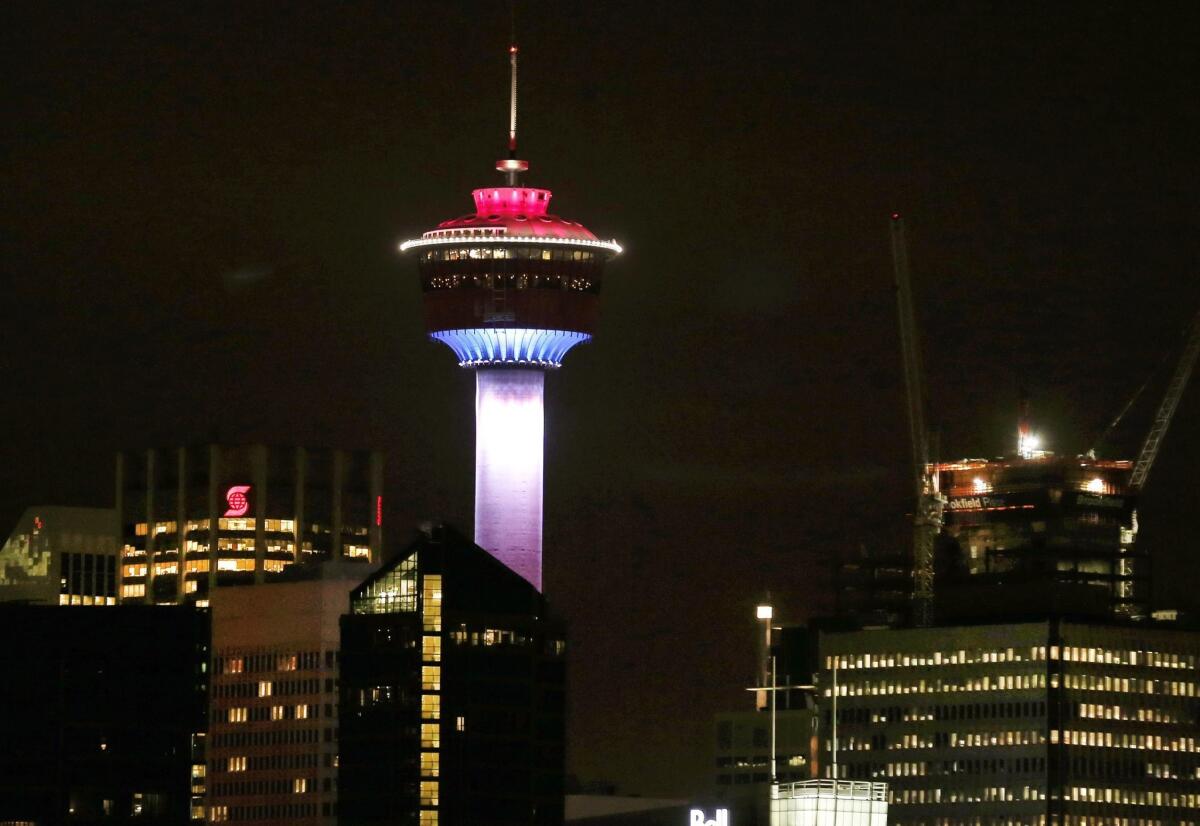The Calgary Tower was lit up with the colors of the French flag to show support and sympathy regarding the Paris attacks in Calgary, Alberta on Friday.