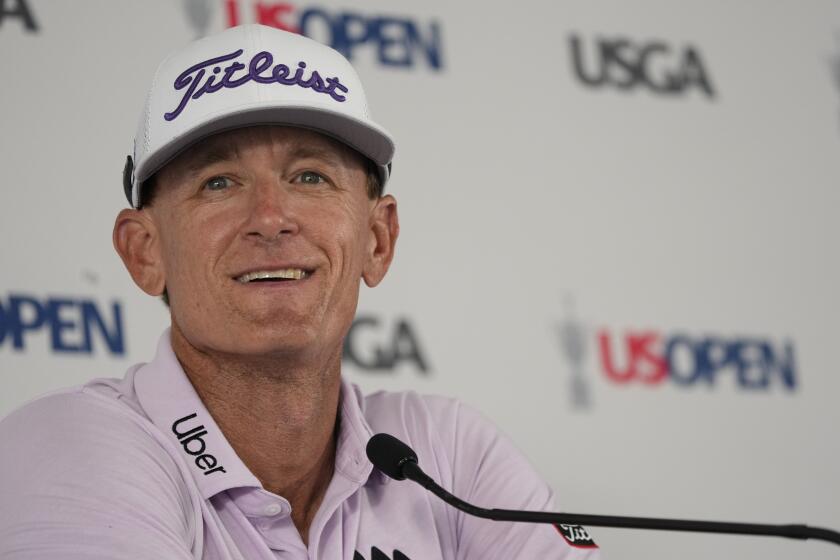 Berry Henson prepares to field questions at the U.S. Open golf tournament at Los Angeles Country Club, Monday, June 12, 2023, in Los Angeles. (AP Photo/Marcio Jose Sanchez)