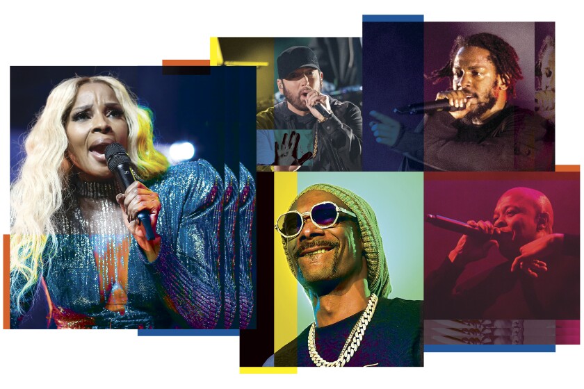 Photos of Mary J. Blige, Eminem, Kendrick Lamar, Snoop Dogg and Dr. Dre in a colorful collage.