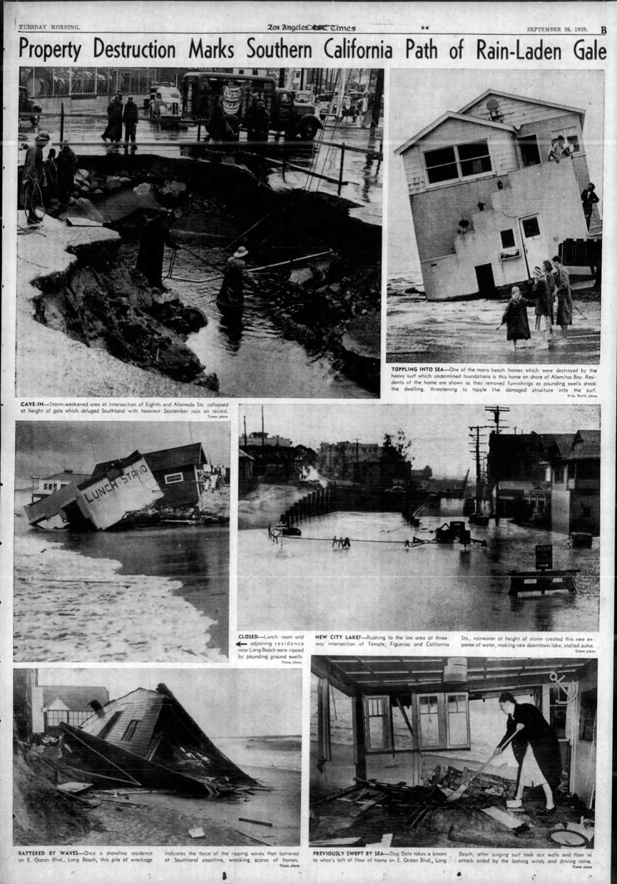 Coverage in the Sept. 26, 1939, Los Angeles Times of the destruction caused by the Cordonazo tropical storm.