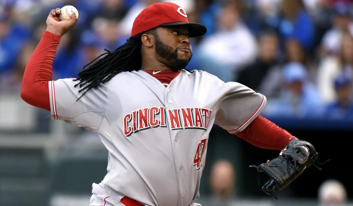 Cincinnati Reds starting pitcher Johnny Cueto throws during an interleague game against the Kansas City Royals on May 19.