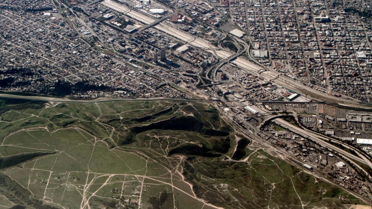 An aerial view of the U.S.-Mexico border in Southern California. San Ysidro is at bottom and Tijuana is at top.