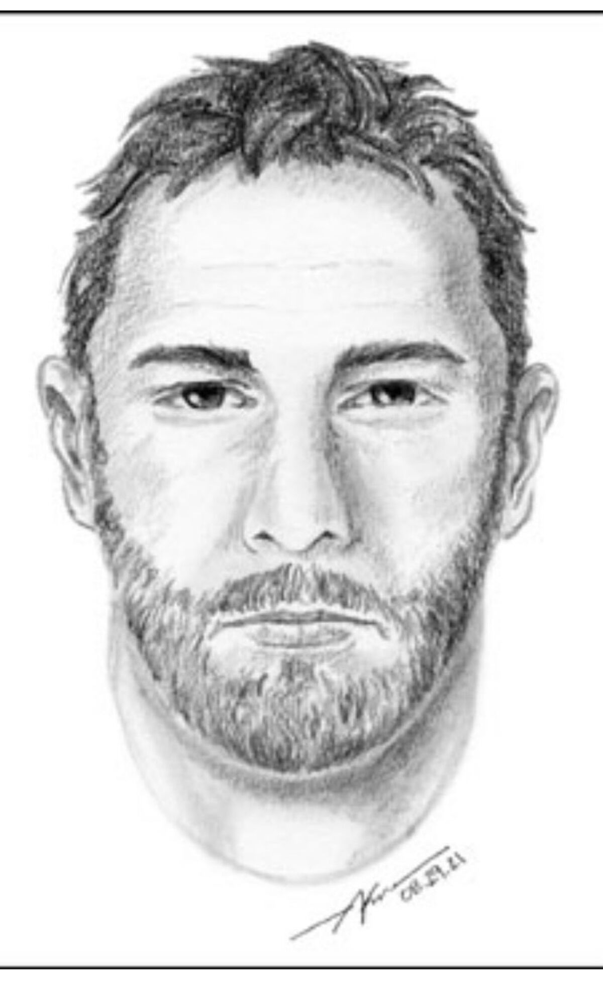 Sketch of suspect with short hair, beard and mustache