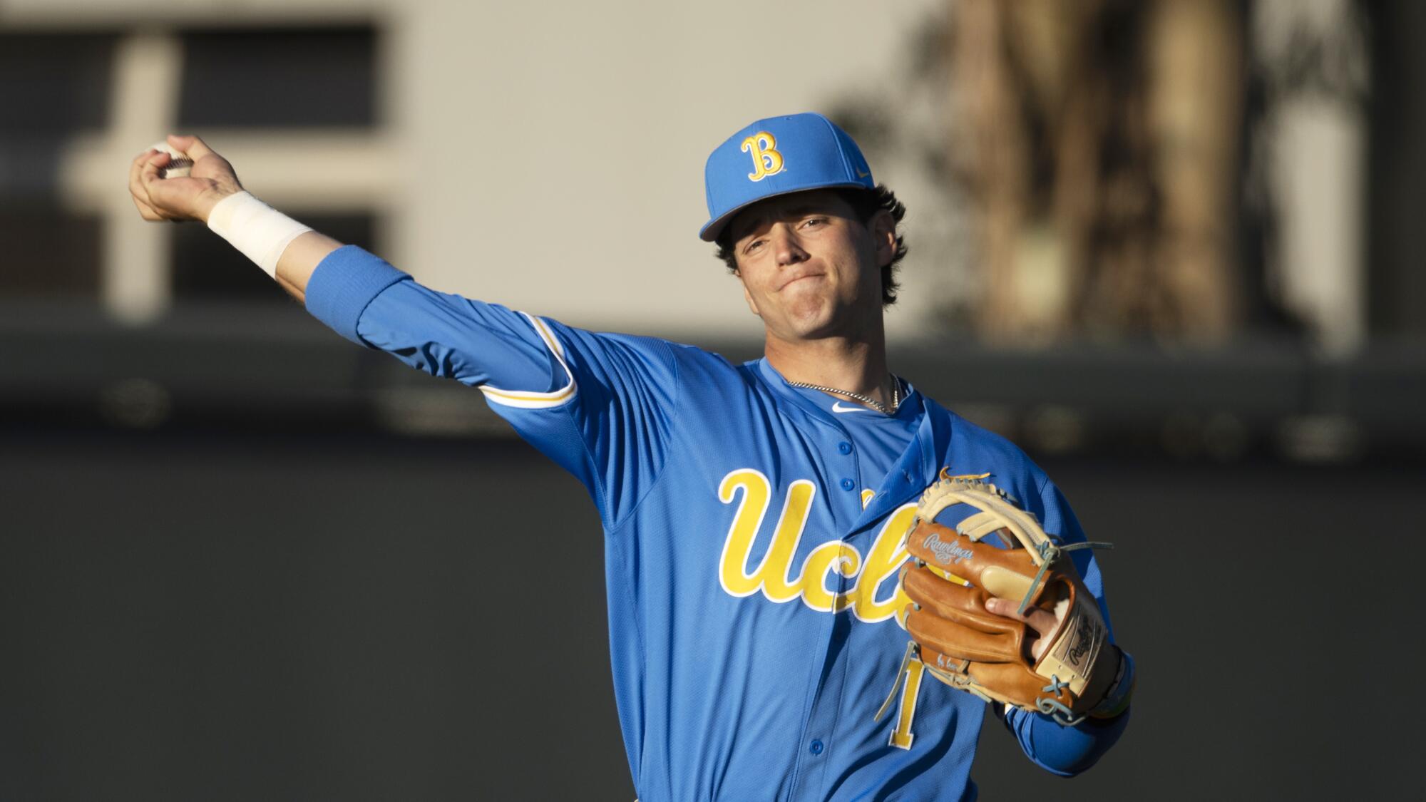 UCLA's Roch Cholowsky throws the ball during a game against Loyola Marymount on April 2, 2024, in Los Angeles.