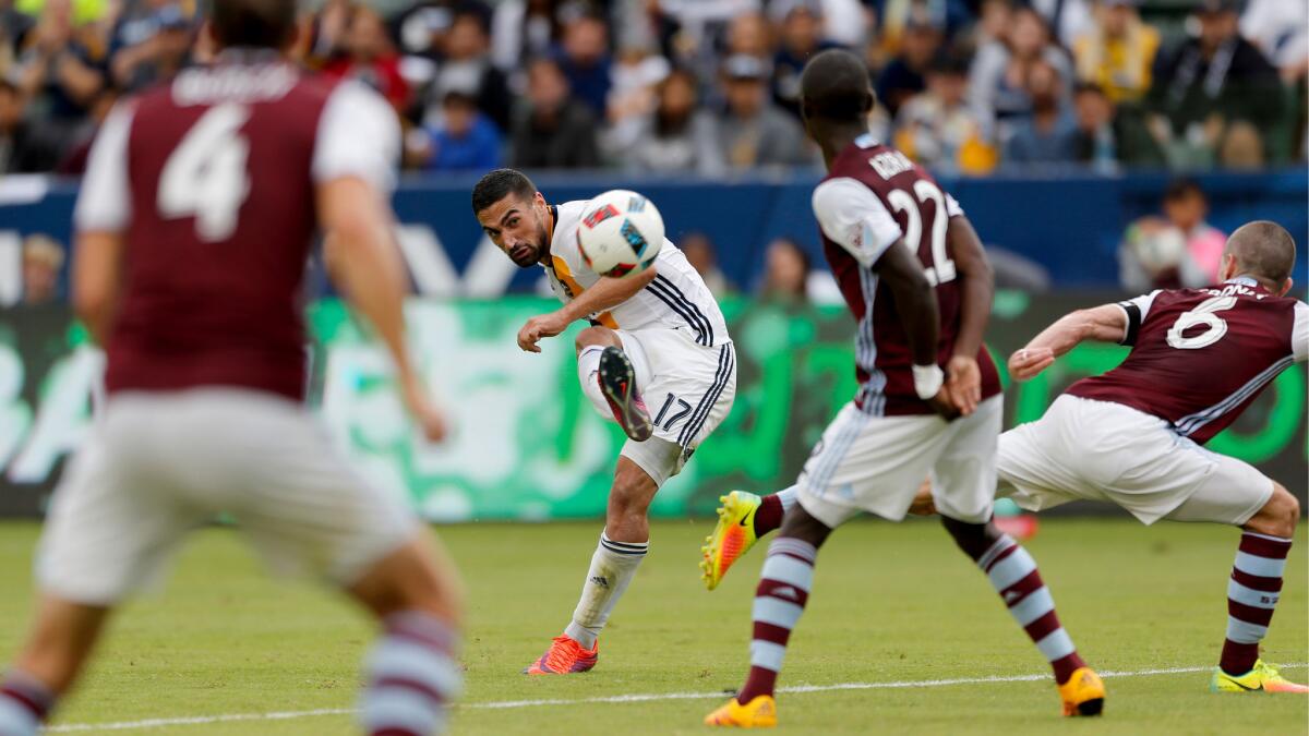 Galaxy midfielder Sebastian Lletget (17) takes a shot on goal against the Rapids in the second half on Oct. 30, 2016.