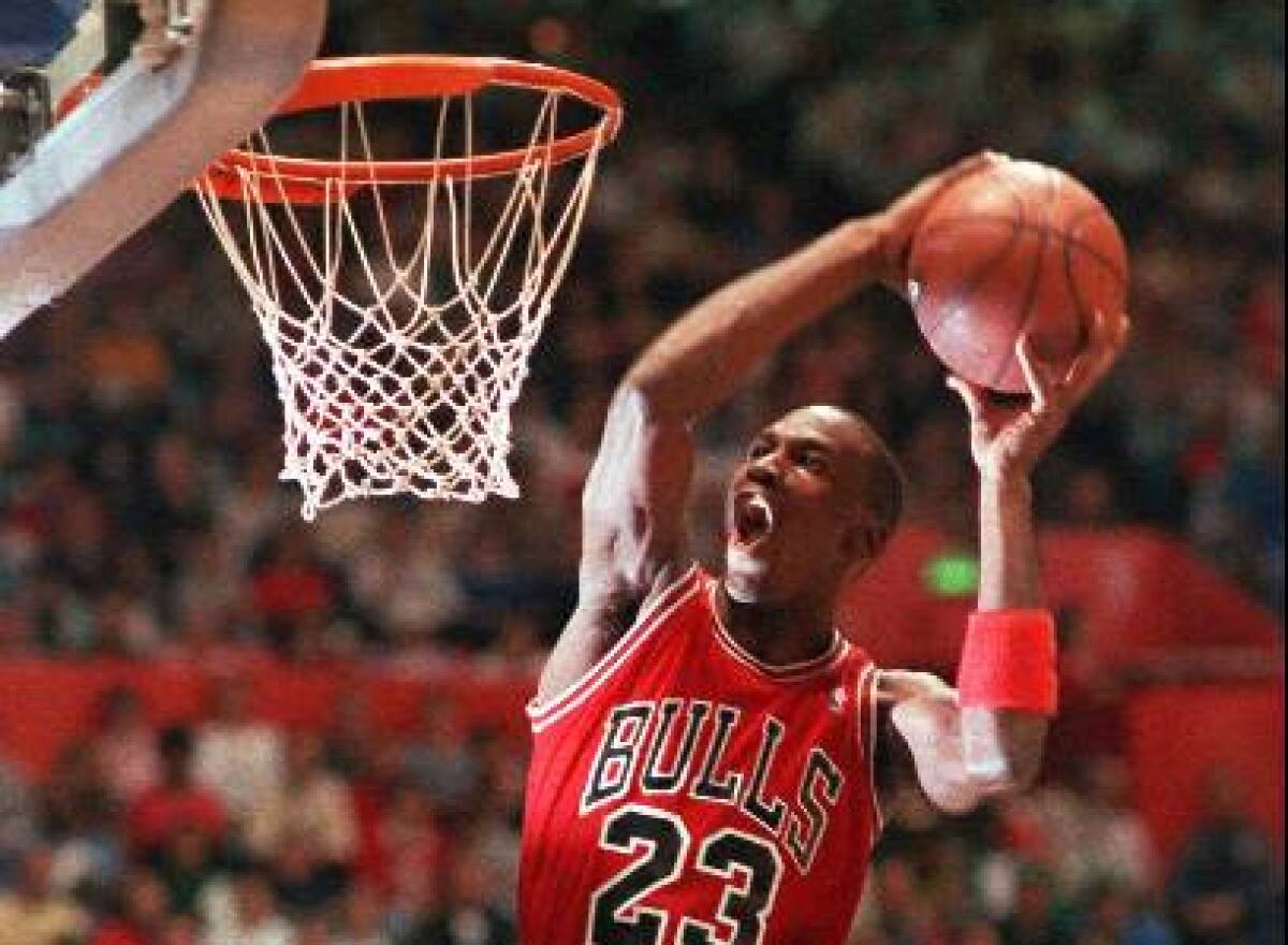Chicago Bulls' Michael Jordan takes part in the NBA All-Star Slam Dunk contest in Seattle on Feb. 7, 1987