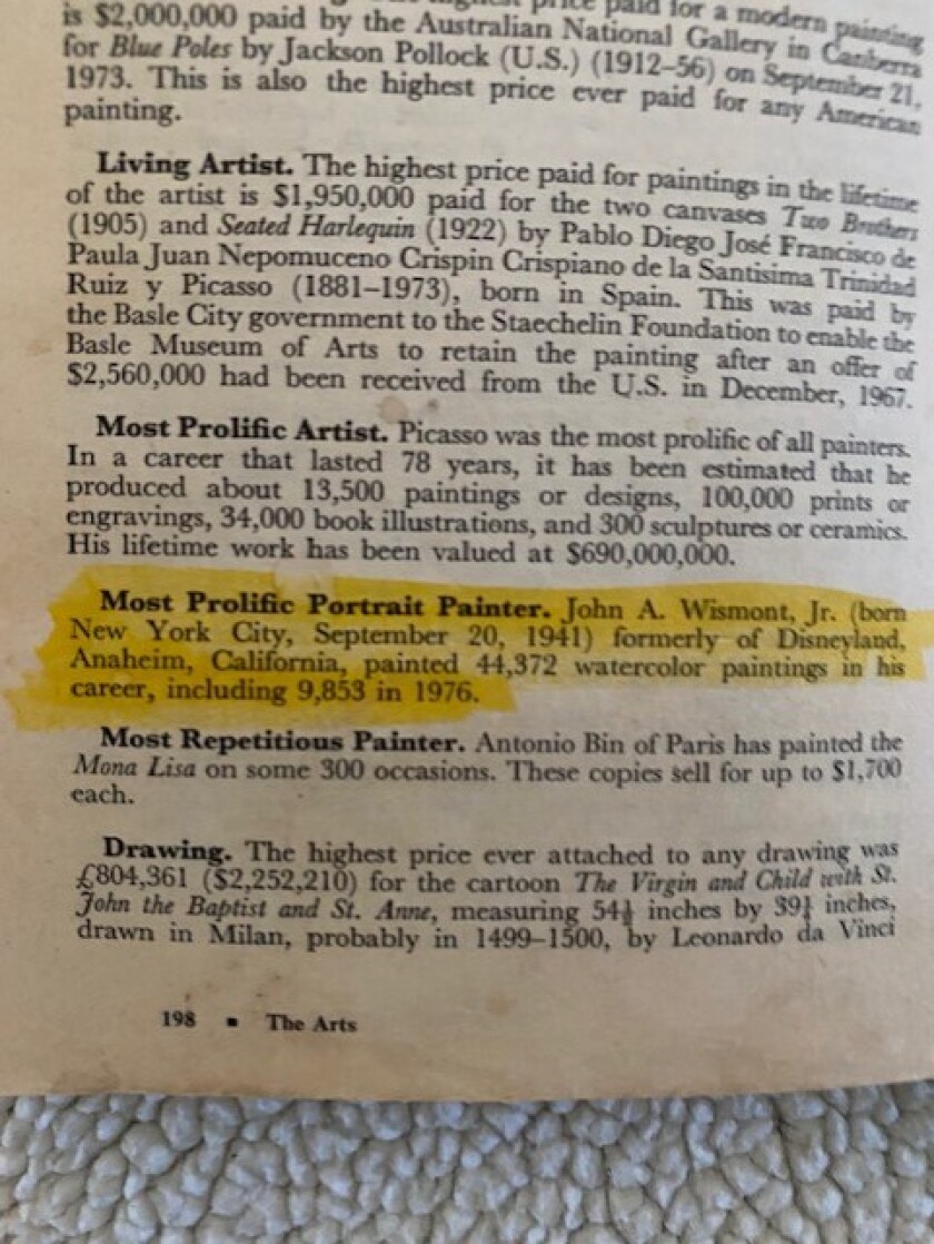 John Wismont's Guiness Book of World Records for most prolific portrait painter is highlighted.