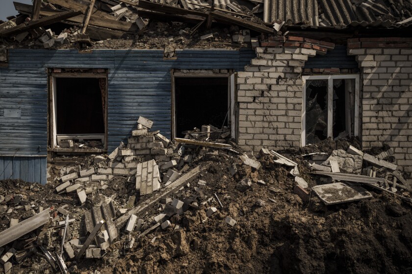 A destroyed house on the outskirts of Kharkiv, Ukraine