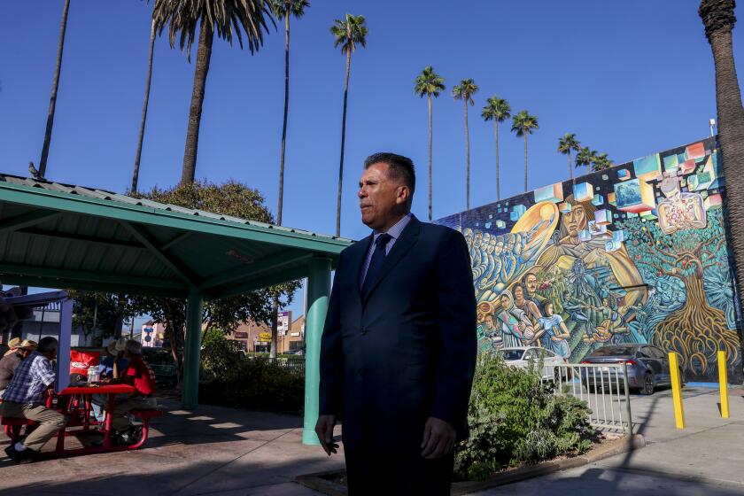 East Los Angeles, CA - September 29: L.A. County Sheriff candidate Robert Luna visits Ruben Salazar Park in East Los Angeles. Luna says that he first became interested in law enforcement while he was living in this home near Rowan Avenue Elementary School, which he attended for a couple of years before transferring to a local Catholic school. Photo taken in East Los Angeles, Thursday, Sept. 29, 2022. (Allen J. Schaben / Los Angeles Times)