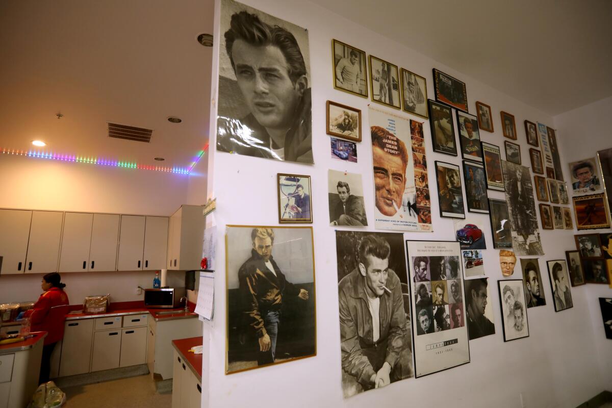 Photographs of actor James Dean hang inside Blackwell's Corner in Kern County.