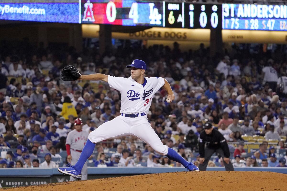 Dodgers pitcher Tyler Anderson throws to the plate during the sixth inning against the Angels.