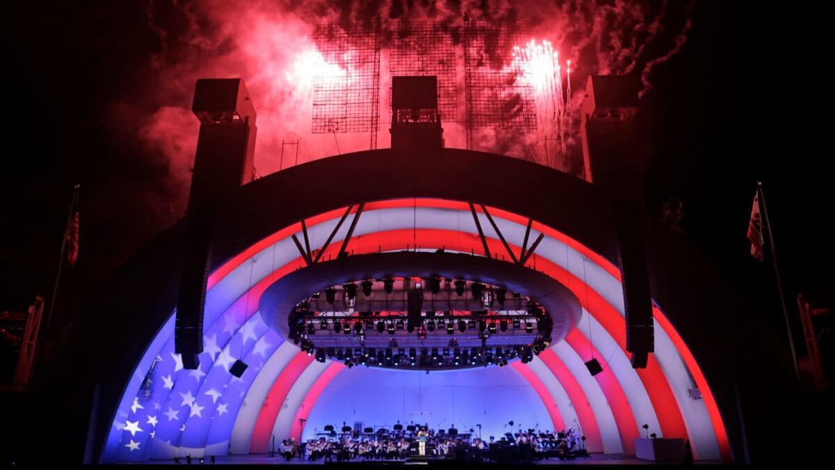 Fireworks explode over the Hollywood Bowl.