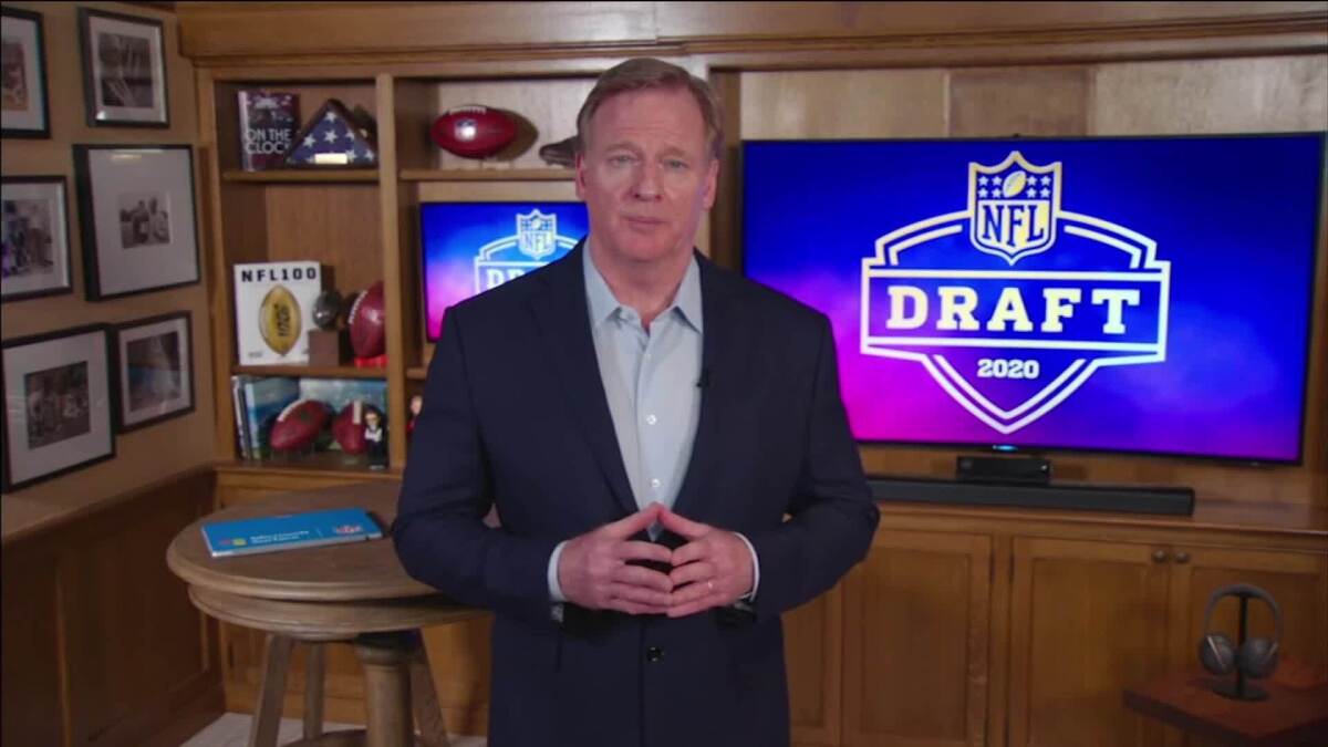 NFL Commissioner Roger Goodell speaks from his home in Bronxville, N.Y., during the first round of the 2020 NFL Draft on Thursday.