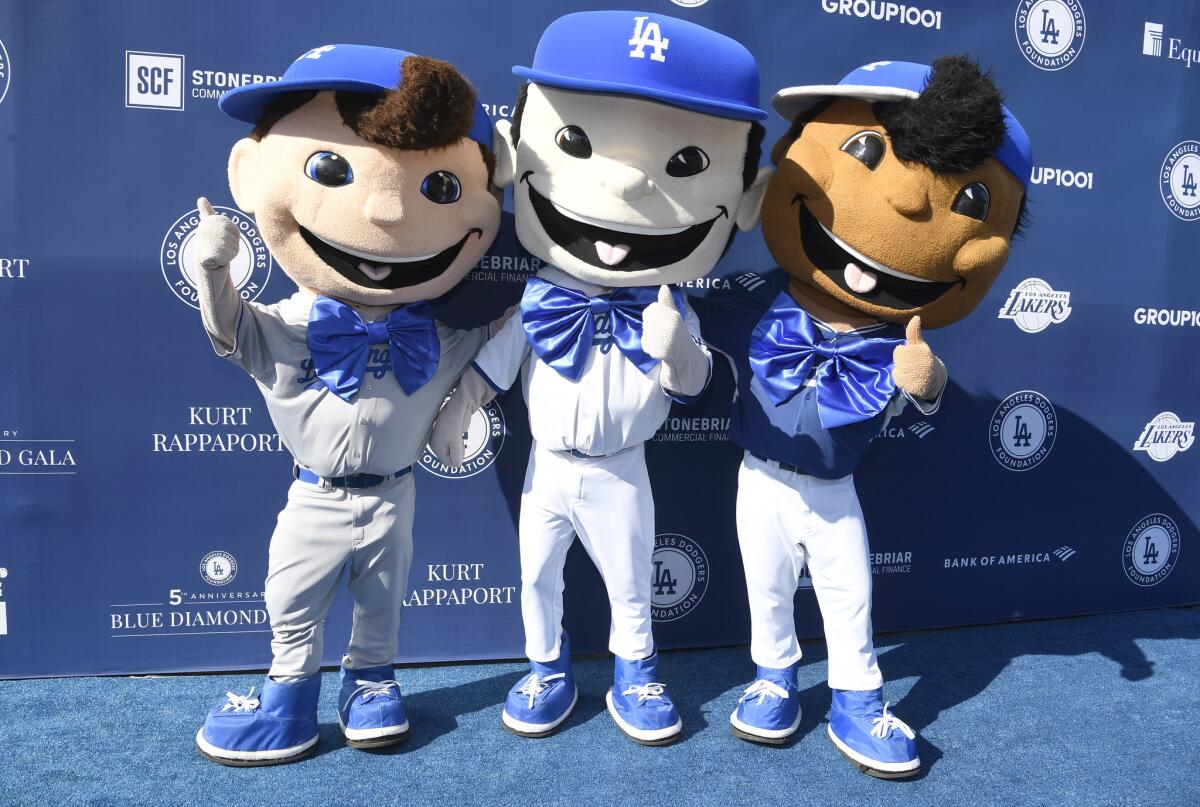 Dodgers mascots at the Los Angeles Dodgers Foundation's Blue Diamond Gala at Dodger Stadium.