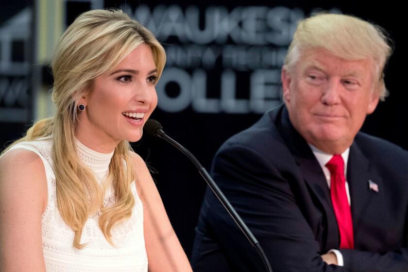 FILE - In this June 13, 2017, file photo, President Donald Trump, right, listens as his daughter, Ivanka Trump, speaks at a workforce development roundtable at Waukesha County Technical College in Pewaukee, Wis. It is no secret that the bulk of Ivanka Trumpâs merchandise comes from China. But just which Chinese companies manufacture and export her handbags, shoes and clothes is more secret than ever, an Associated Press investigation has found. Since she took on her White House role at the end of March, 90 percent of the shipments of her merchandise do not include public disclosure of the companies that sent the goods to the U.S., data shows. (AP Photo/Andrew Harnik, File)